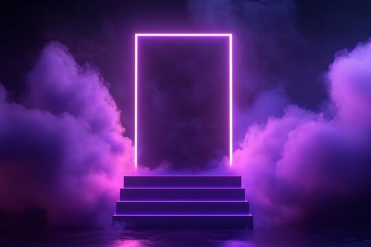 Neon illuminated portal of glowing stairs and smoky clouds, a gateway to another dimension in purple light