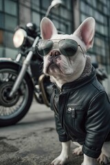 Urban French Bulldog Biker with Sunglasses and Motorcycle