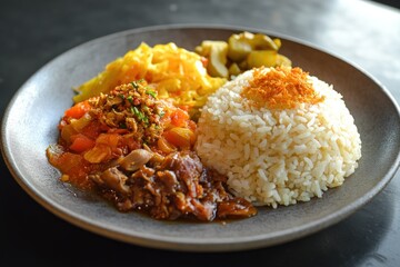 Asian rice bowl with various sides