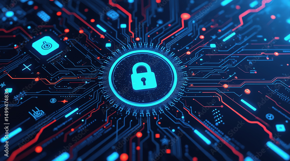 Poster a digital lock icon at the center of a glowing circuit board, symbolizing cybersecurity and data pro
