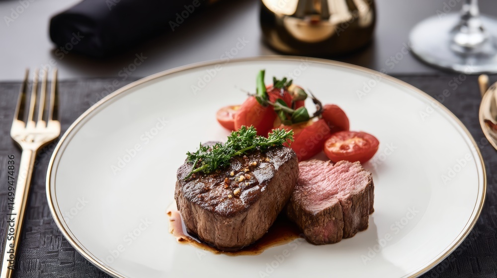 Poster plate of food with a piece of meat and tomatoes on it. the plate is set on a table with a fork and k