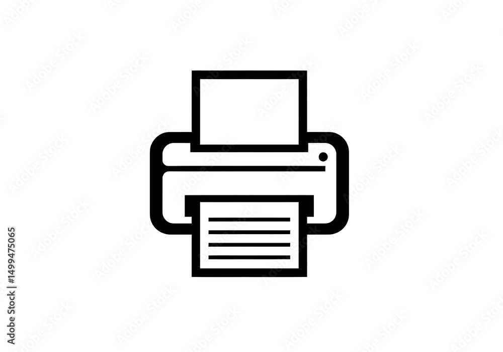 Poster a simple black and white printer icon with paper in the output tray on a white background
