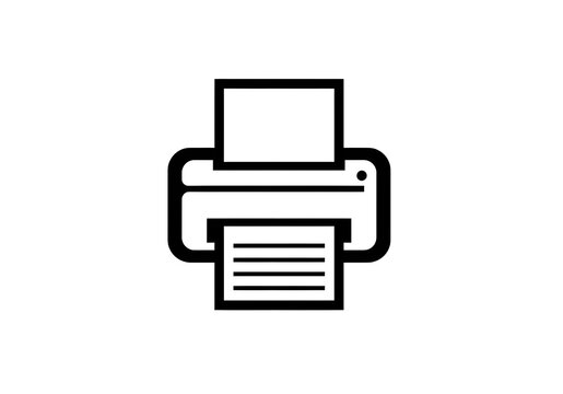 A simple black and white printer icon with paper in the output tray on a white background