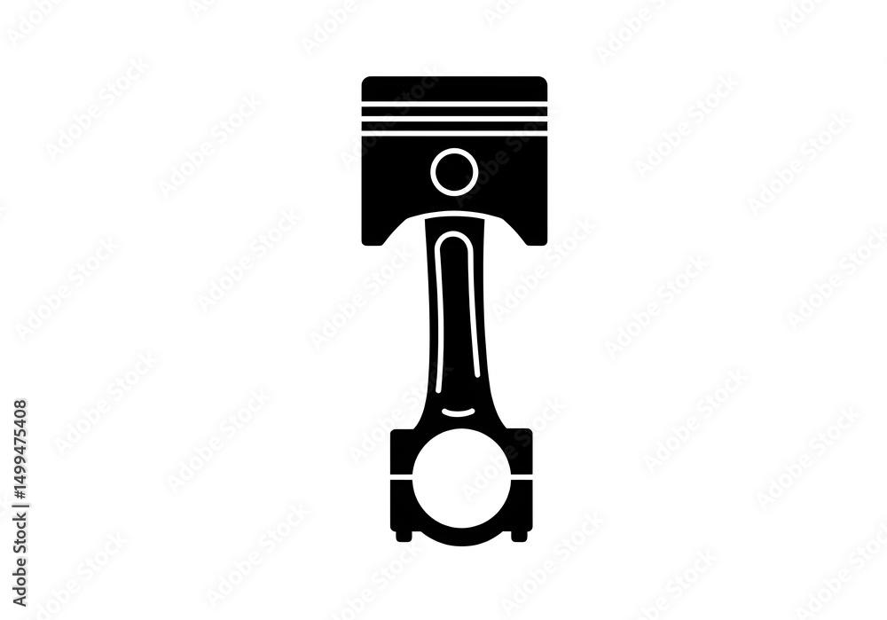 Poster a black and white drawing of a piston with connecting rod on a plain white background view from the 