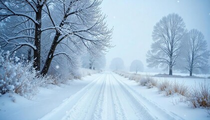 Obraz premium A blizzard blankets a rural landscape in thick, swirling snow Frozen branches are heavily laden, the ground obscured by deep drifts A scene of intense winter weather , blizzard, tranquil, white