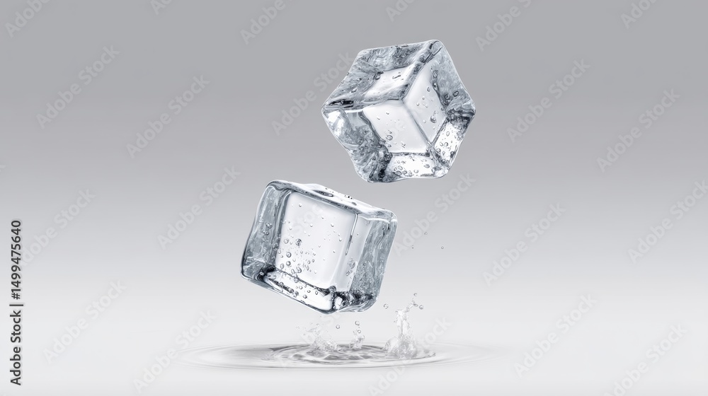Poster two ice cubes are floating in the air. concept of motion and playfulness, as if the ice cubes are da
