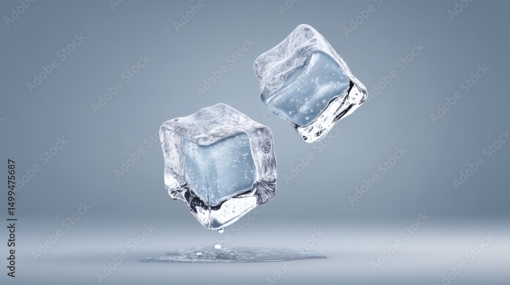 Poster two ice cubes are floating in the air, one of which is slightly larger than the other. concept of li