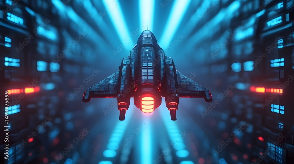 Aufkleber glowing spaceship flying through a futuristic data tunnel