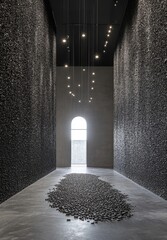 A long, narrow, dark hallway with textured walls, a light-colored floor, and a pebble-like scatter piece centered, illuminated by a high arched window and suspended lighting fixtures