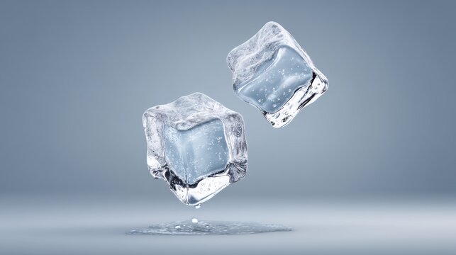 Two ice cubes are floating in the air, one of which is slightly larger than the other. Concept of lightness and playfulness, as if the ice cubes are dancing or floating in mid-air