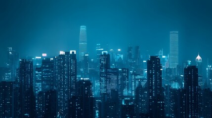 Fototapeta premium Nighttime cityscape with a digital grid overlay, depicting a futuristic smart city. long_title:Illuminated high-rise buildings and skyscrapers form a