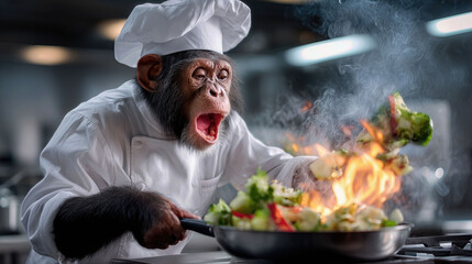 Shocked Chimp Chef Stir-Frying Vegetables in Fiery Kitchen Scene