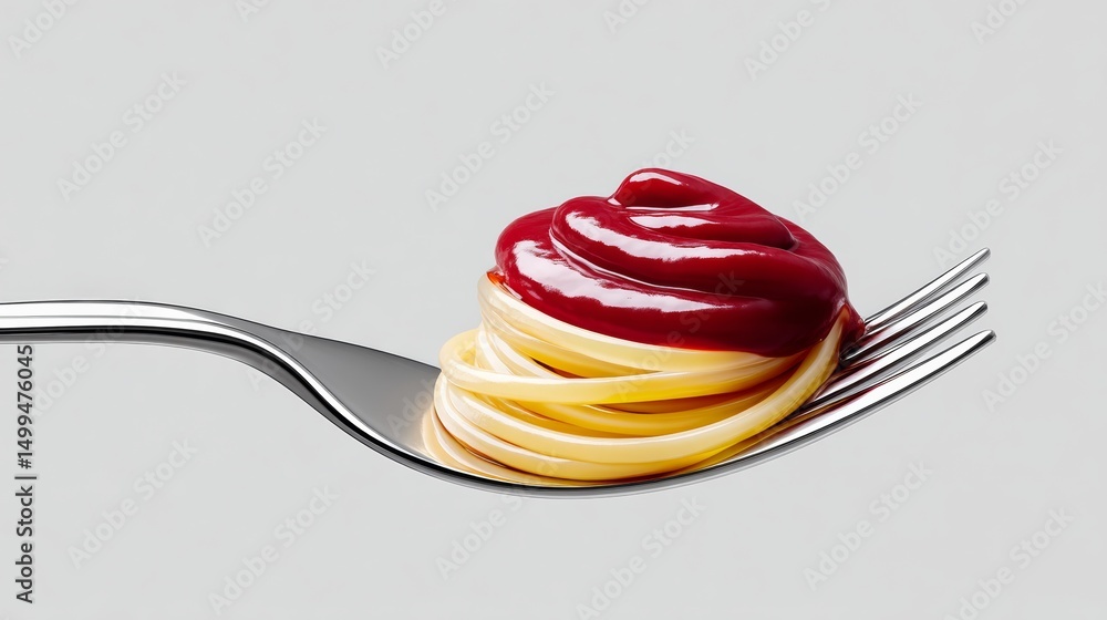 Aufkleber fork with spaghetti and ketchup on it. the fork is silver and the ketchup is red