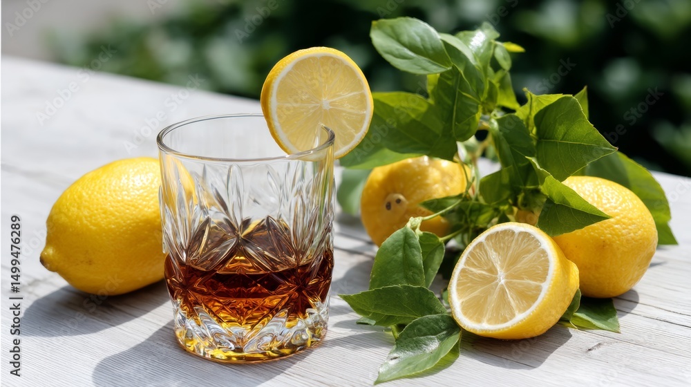 Aufkleber glass of liquor with a slice of lemon on top is placed on a table with several lemons scattered arou