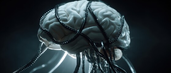 Artificial Intelligence Brain Connected to Cables Close Up Futuristic Technology Concept