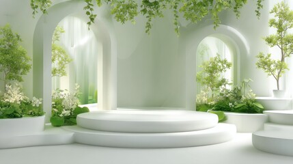 Minimalist Product Display Podium with Greenery and Arches in Soft Light Studio Shot for Mockup