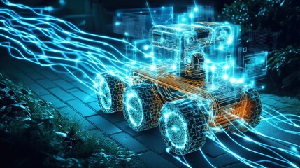 Thermal imaging scan of a delivery robot navigating along a sidewalk with glowing heat gradients and futuristic digital elements