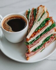 Ham and cheese sandwich with coffee on white plate studio shot of delicious lunch meal