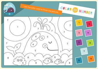Color by number – cute whale. Animals Activities for kids.  Coloring page for activity book. Vector illustration. Logic Game for boost of fine motor skills, thinking, attention, learning of numbers.