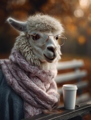 Elegant Alpaca in Pink Scarf and Glasses Relaxing with Coffee in Autumn