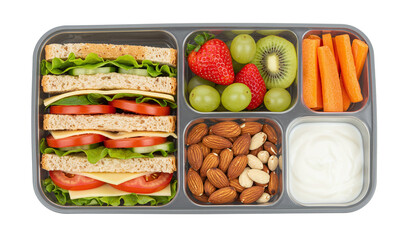 Healthy lunchbox sandwich fruit vegetables almonds yogurt meal prep idea isolated on a transparent background