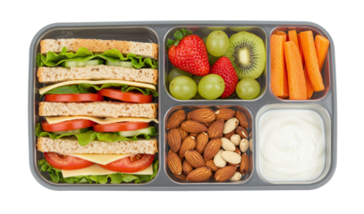 Healthy lunchbox sandwich fruit vegetables almonds yogurt meal prep idea isolated on a transparent background