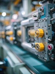 Fototapeta premium Close-up of industrial machinery in a factory setting showcasing precision engineering and automation technology with a shallow depth of field