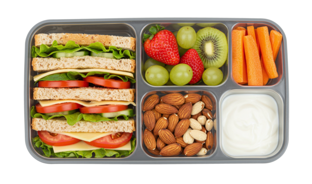 Healthy lunchbox sandwich fruit vegetables almonds yogurt meal prep idea isolated on a transparent background