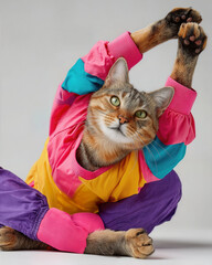 Flexible Cat in Colorful Tracksuit Doing a Yoga Stretch Pose