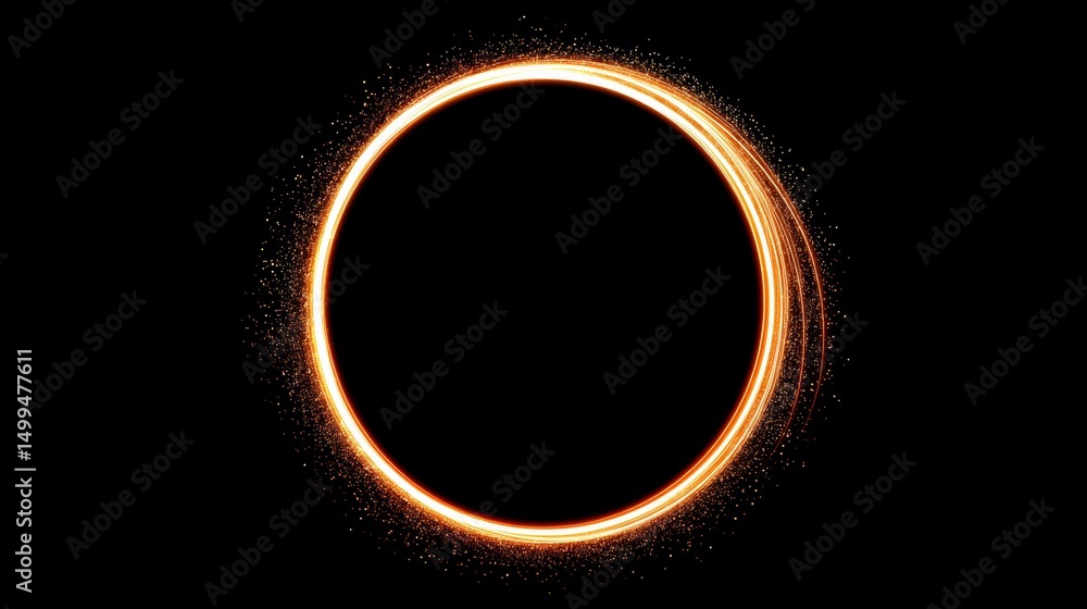 Poster glowing circle on a black background. the circle is surrounded by a lot of sparkles. the circle is t