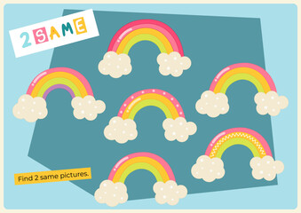 Logic activities for kids. Find two same rainbow. Games for kids. Vector illustration. Activity Flash card. Game to boost attention and focus.