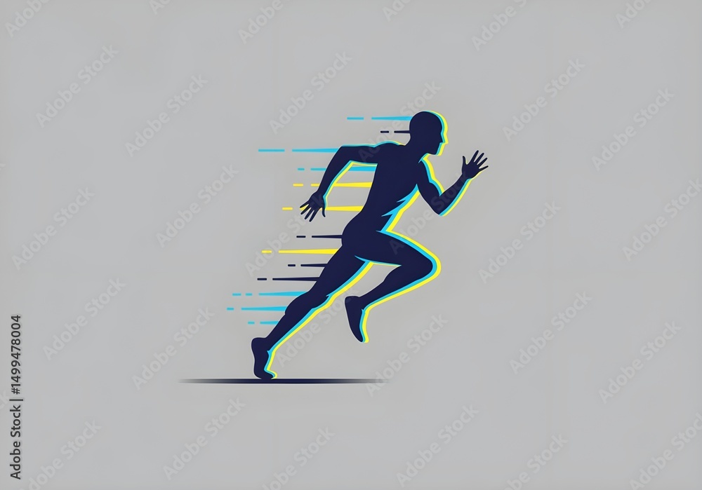 Poster silhouette of a runner with motion lines indicating speed on a light gray background in vector style