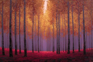 Obraz premium Golden poplars glowing at sunset, crimson leaves at your feet, soft wind stirring the canopy