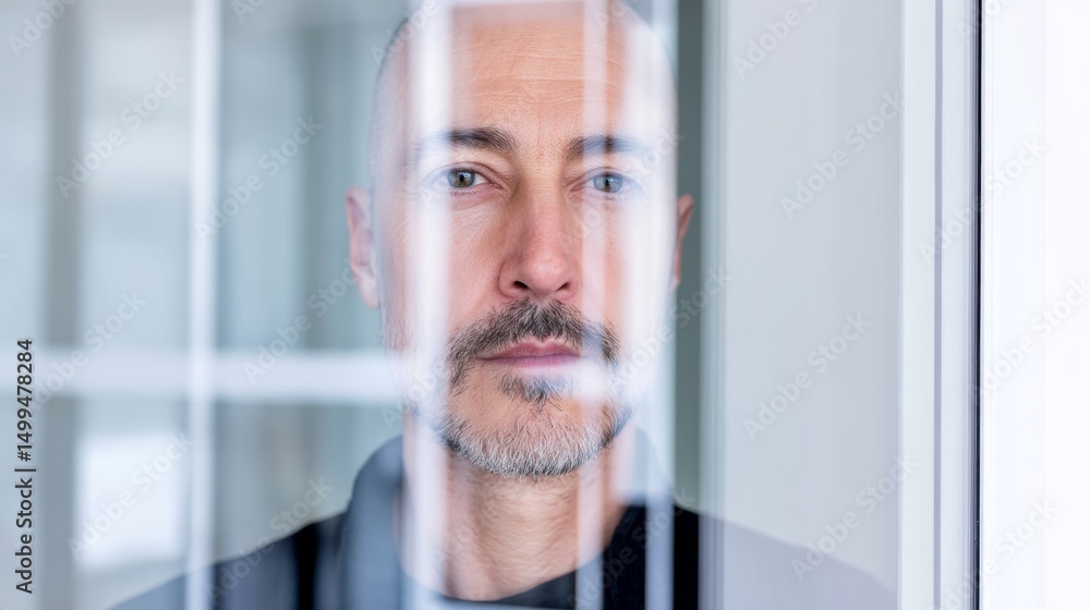 Poster man with a beard and gray hair is looking out a window. he is looking at something outside, but it i