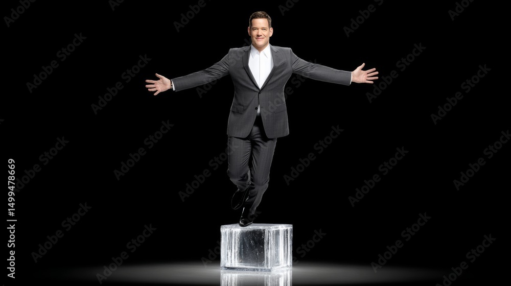 Poster man in a suit is standing on a block of ice. concept of elegance and sophistication, as the man is d