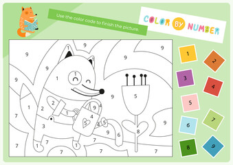 Color by number – little fox. Animals Activities for kids.  Coloring page for activity book. Vector illustration. Logic Game for boost of fine motor skills, thinking, attention, learning of numbers.