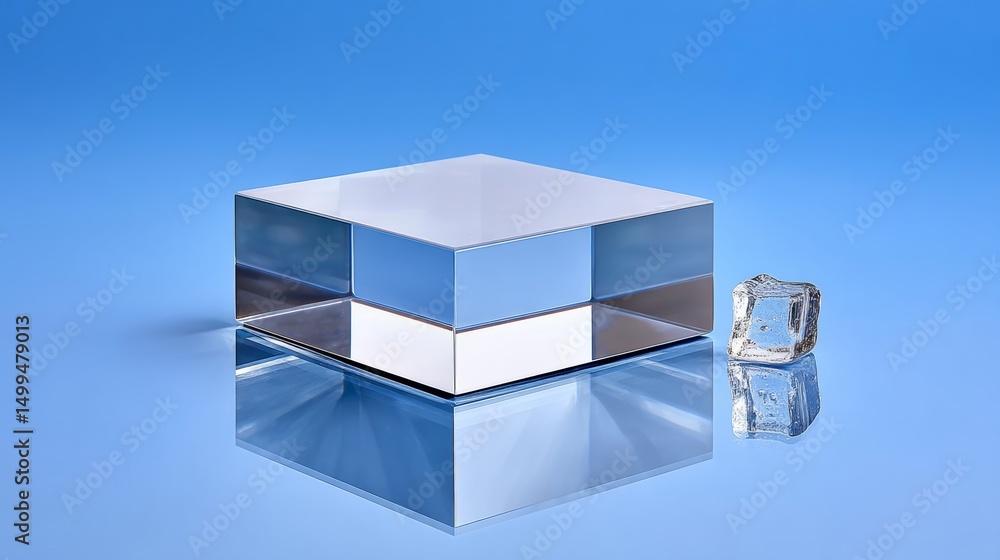 Aufkleber clear cube sits on a blue surface with a small diamond on top of it. the cube is reflective and the 