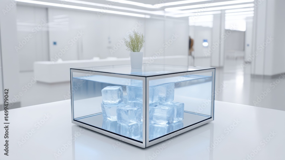 Poster small table with a plant and a container of ice cubes. the ice cubes are arranged in a way that they