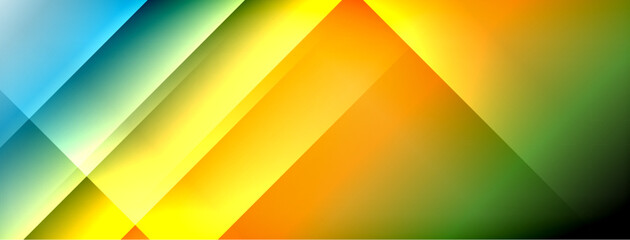 Abstract geometric shapes, vibrant colors blend. Diagonal lines create dynamic visual effect. Bright gradients dominate composition.