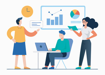 Professional business team presenting data on whiteboard, illustration Concept for presentation, vector on white background