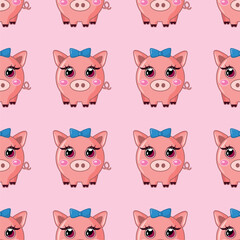 Seamless vector pattern with cute cartoon pigs on a pink background. Ideal for kids' fabrics, baby products, school supplies, gift wrap, nursery decor, and kawaii-style designs.