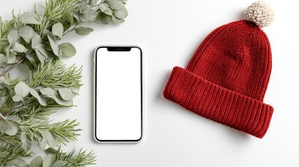 Phone and a red hat are on a table. The hat is red and has a pom pom on top. The phone is white and has a screen that is blank. The table is covered with a white cloth