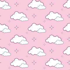 Seamless vector pattern with cute white cartoon clouds on pink background. Perfect for baby fabric, nursery decor, kids notebooks, gift wrap, wallpapers, and kawaii-themed branding.