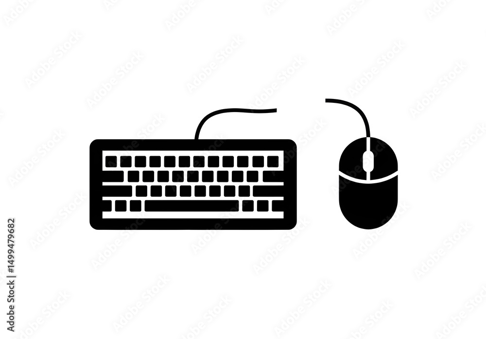 Aufkleber a black and white image of a keyboard and mouse with cables on a white background in simple style