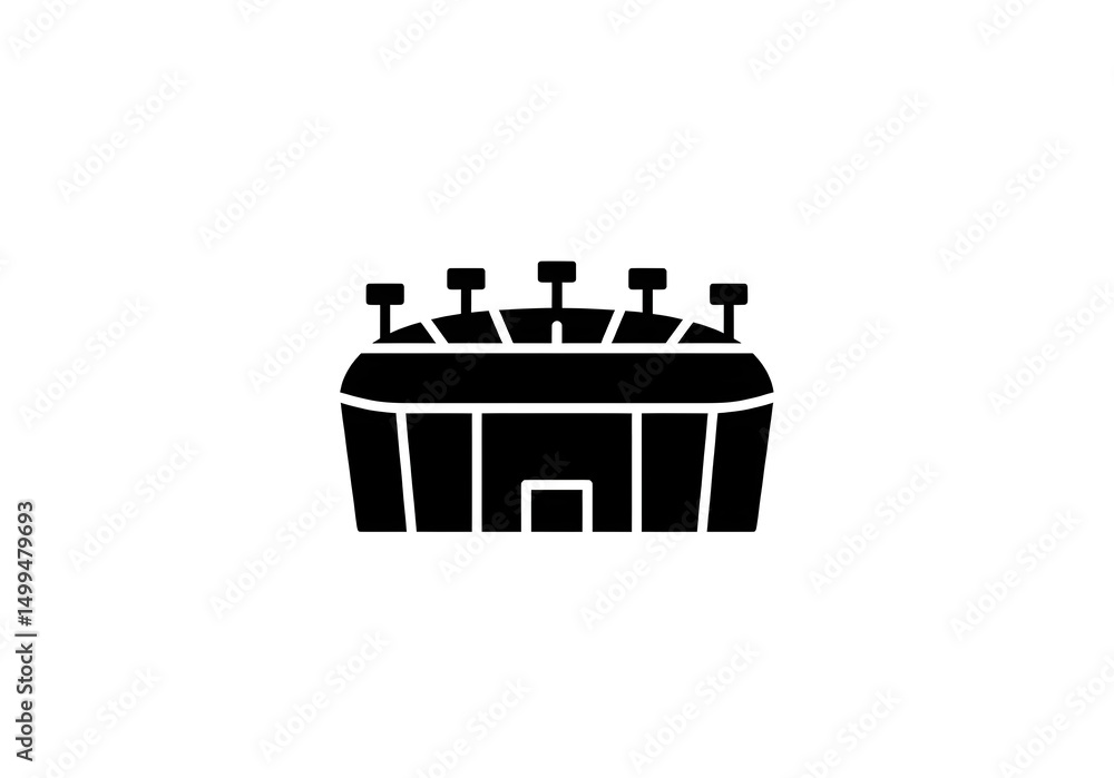 Poster a simple black stadium icon with roof structures on a white background in a graphic design style