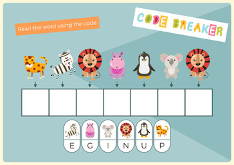 Animals activities for kids. Read the hidden word using the code – penguin. Logic games for children. Vector illustration. Flash card.