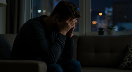 Overwhelmed man sits in dim lighting