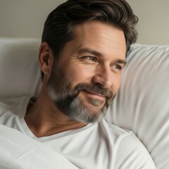 Obraz premium Middle Aged Man Waking Up In Bed Looking Away From Camera Smiling