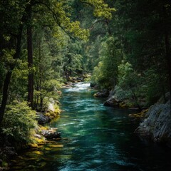 Obraz premium Emerald River Flowing Through Lush Forest Landscape Overhead Shot in Yosemite National Park California