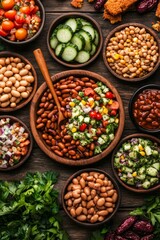 Various vibrant salads and beans arranged in bowls on a rustic wooden table, perfect for summer BBQs or family gatherings. Celebrating fresh, healthy eating